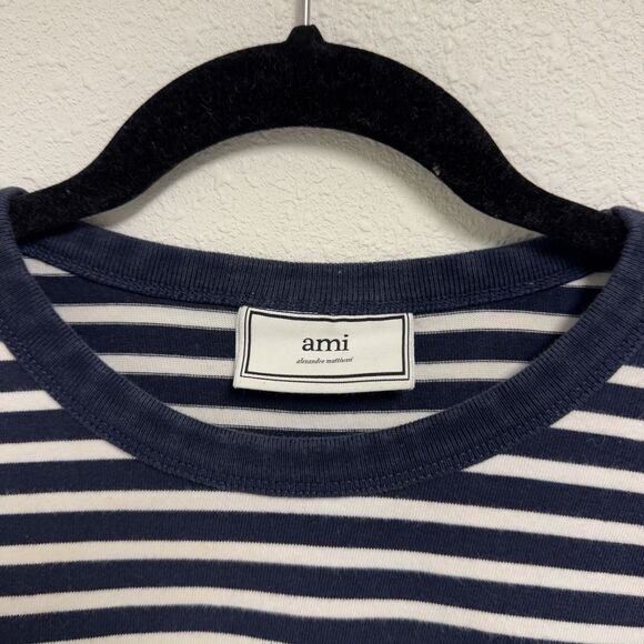 AMI Paris Alexandre Mattiussi Long Sleeve Shirt Size XL Heart Navy White Stripe - Picture 2 of 7